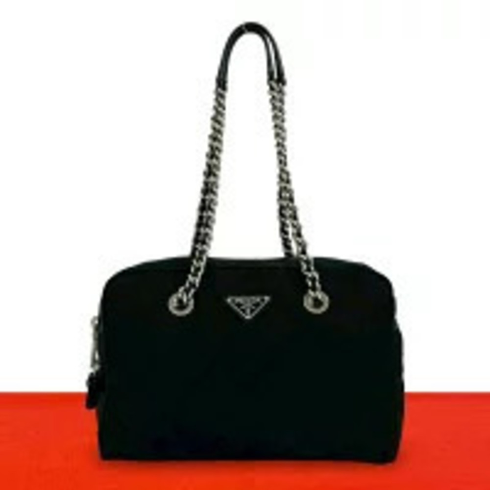 Prada Triangle Quilted Leather Hobo Bag Tote Black